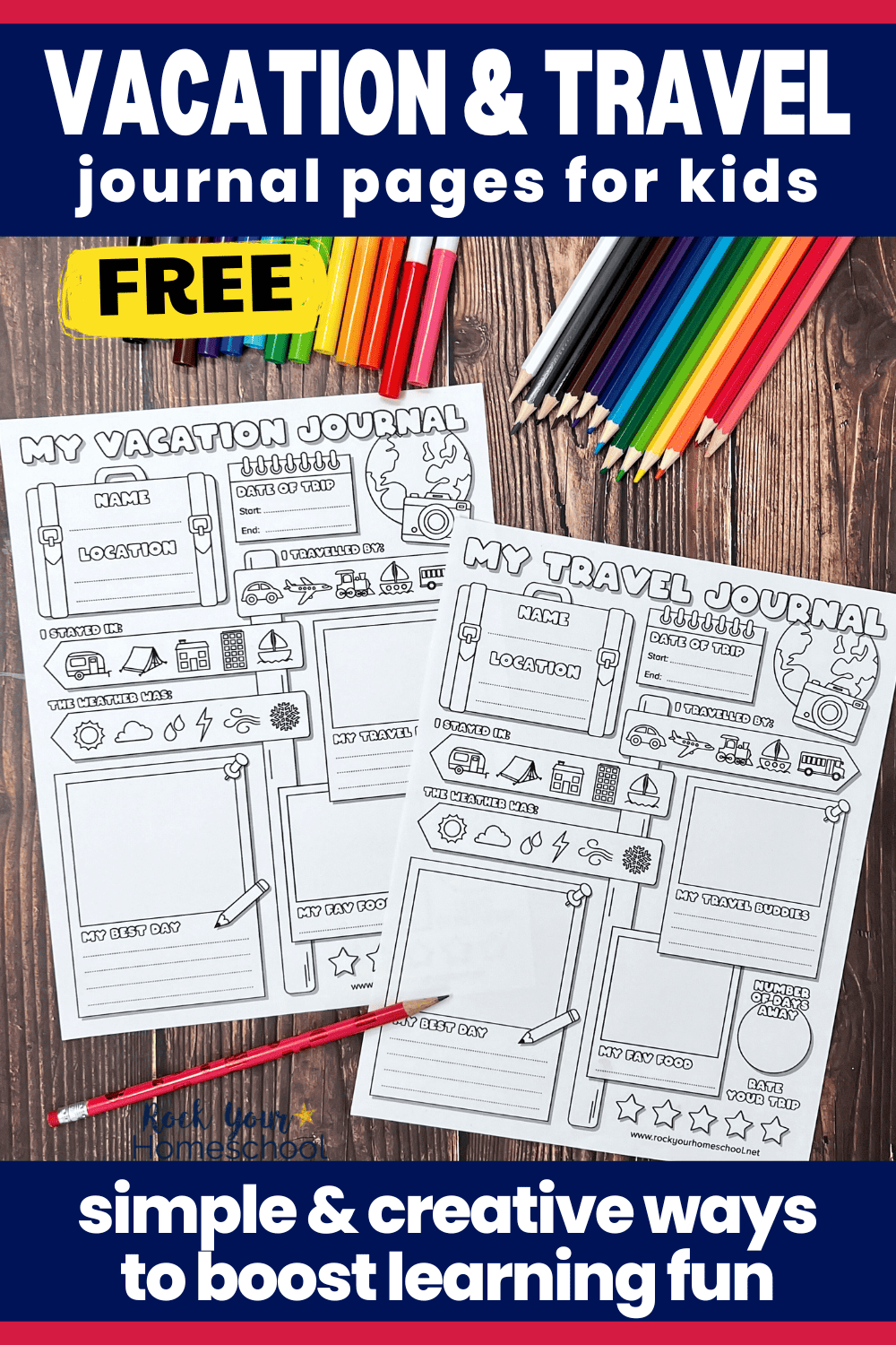 Examples of 2 free printable vacation and travel journal pages for kids with color pencils and markers.