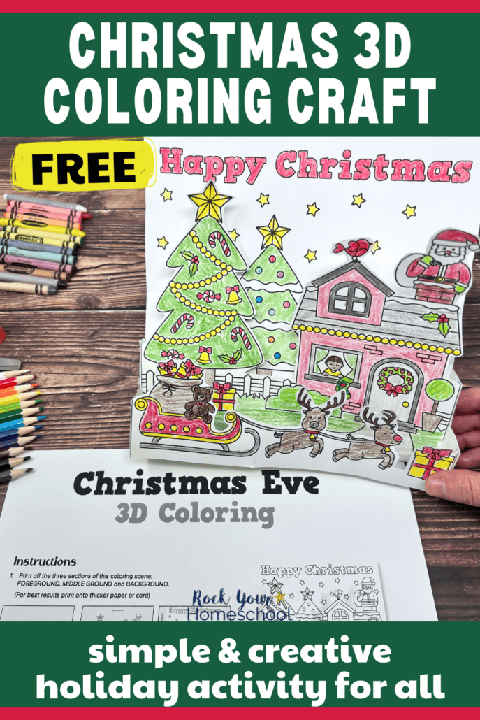 Woman holding example of free printable 3D Christmas craft for DIY coloring fun.