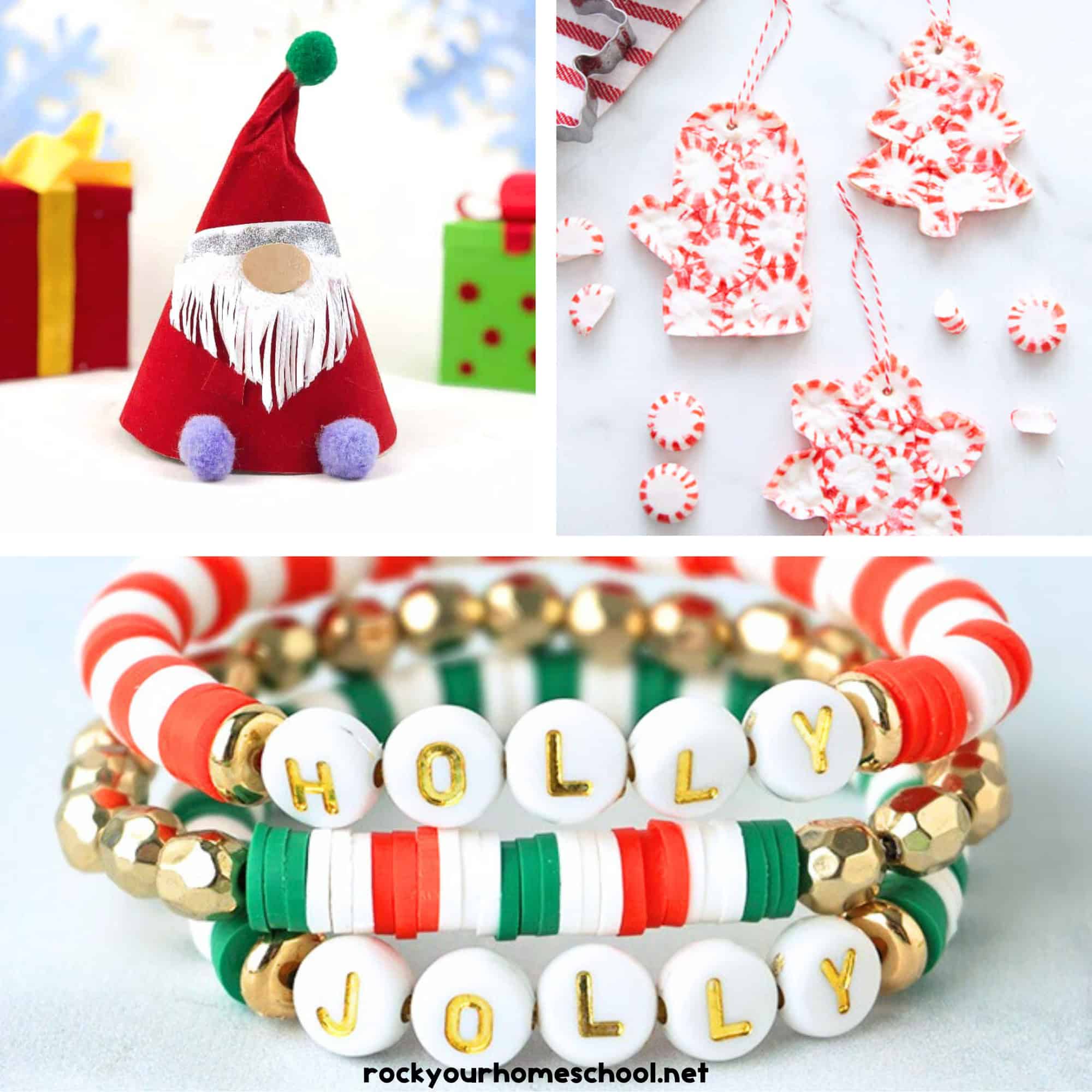 Examples of Christmas crafts for teens with gnome cone, peppermint candy ornaments, and bead bracelets.