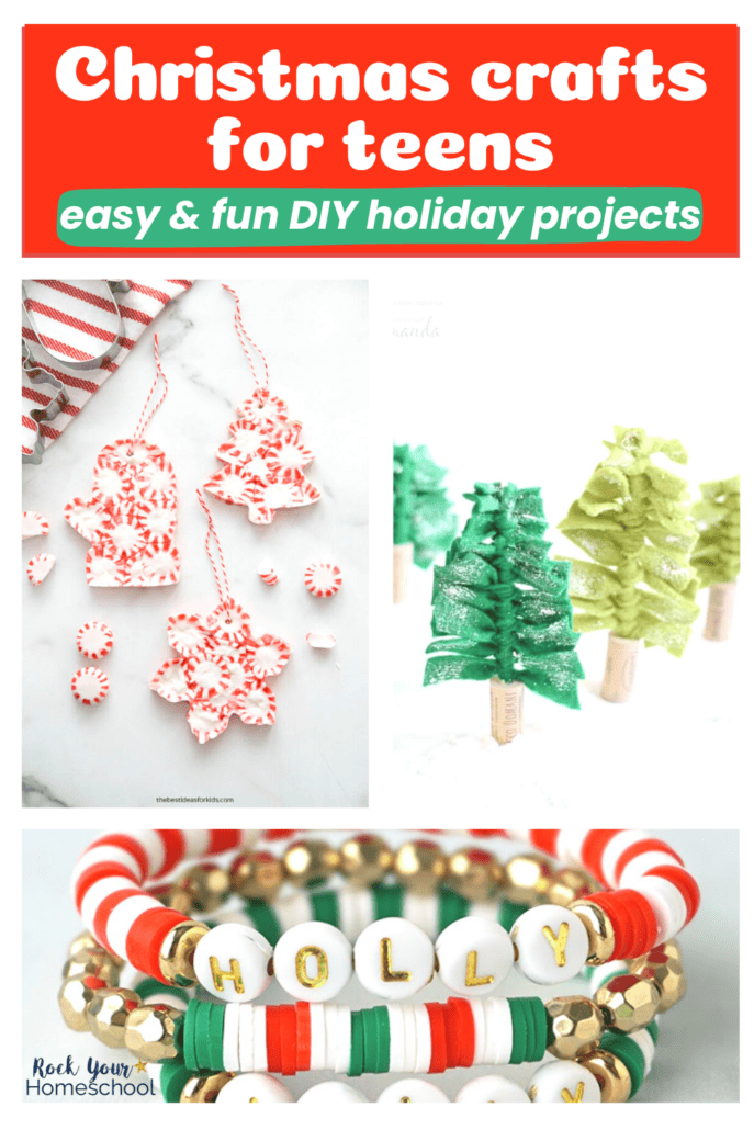 Christmas crafts for teens including peppermint candy ornaments, cloth Christmas trees, and bead bracelets.