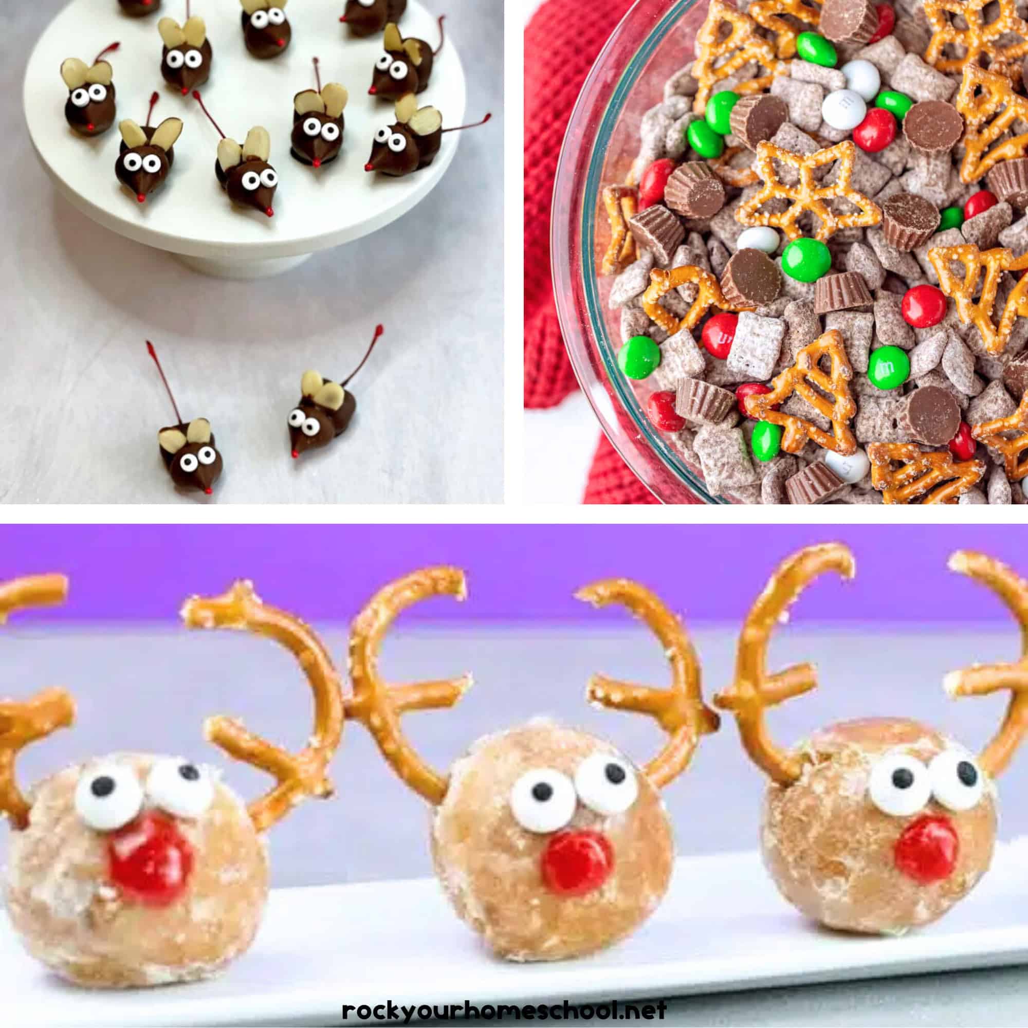 Examples of easy Christmas snacks for kids with cute candy mouse treats, pretzel and cereal snack mix, and reindeer donuts.