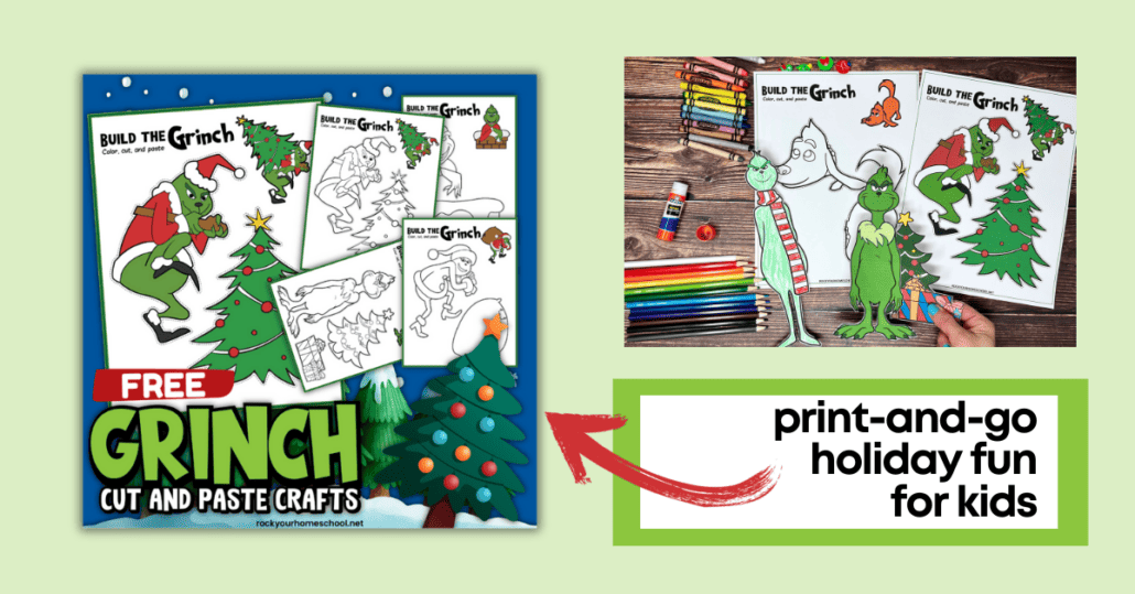 Woman holding examples of free printable Grinch Christmas crafts.
