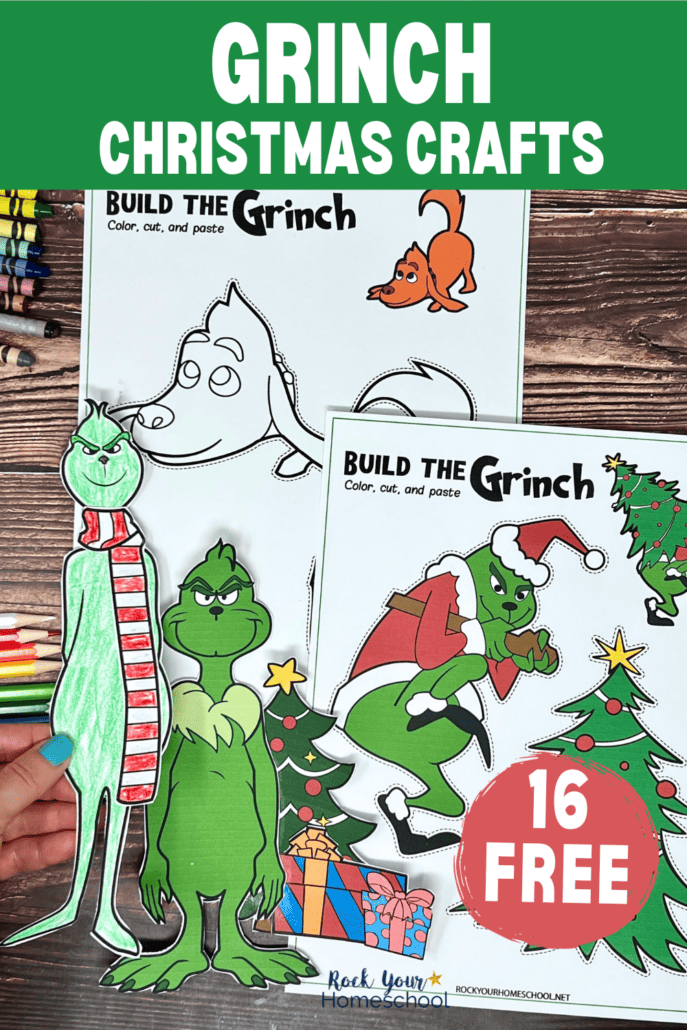 Examples of free printable Grinch Christmas crafts and templates with crayons and color pencils.