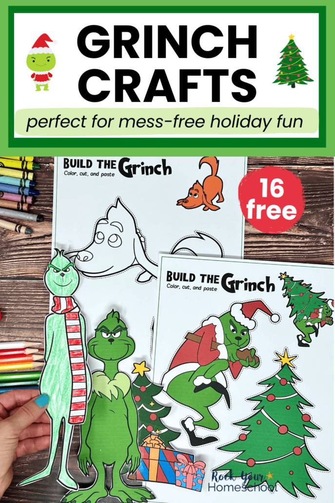 Woman holding free printable Grinch Christmas craft to with examples in background.