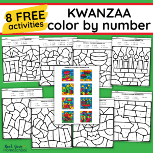 This free printable pack includes 8 free Kwanzaa color by number activities.