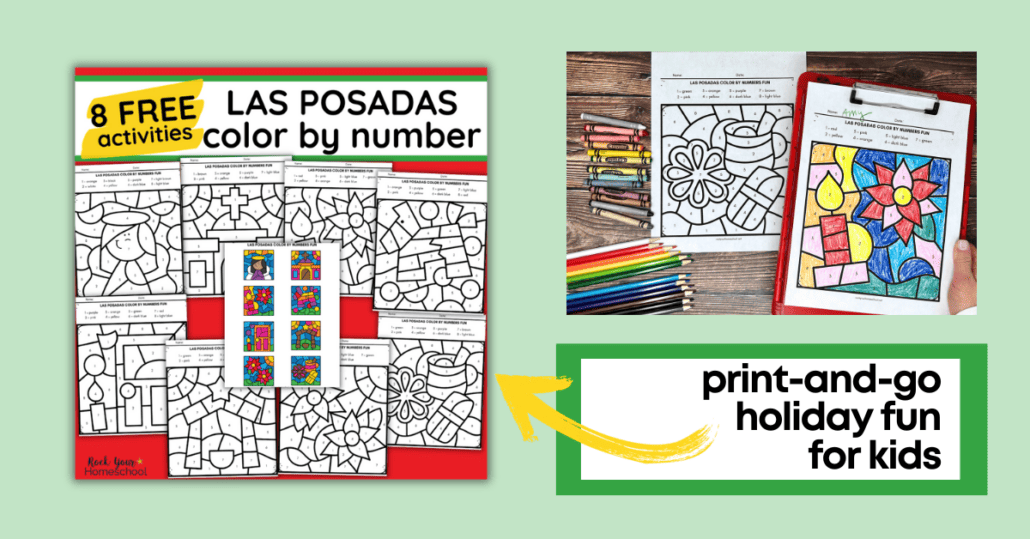 8 free printable Las Posadas color by number pages for Christmas in Mexico fun.