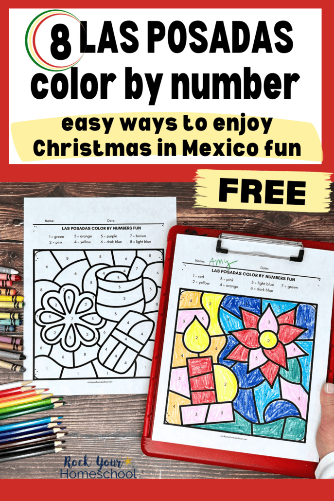 Woman holding red clipboard with free printable Las Posadas color by number activities for Christmas in Mexico fun.