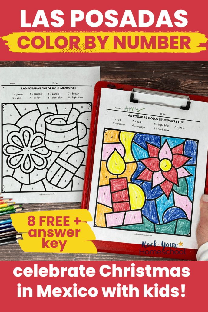 Woman holding red clipboard with example of free printable Las Posadas color by number activity featuring poinsettia and candle.