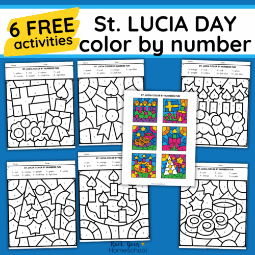 6 free St. Lucia color by number printable pages and color answer key.