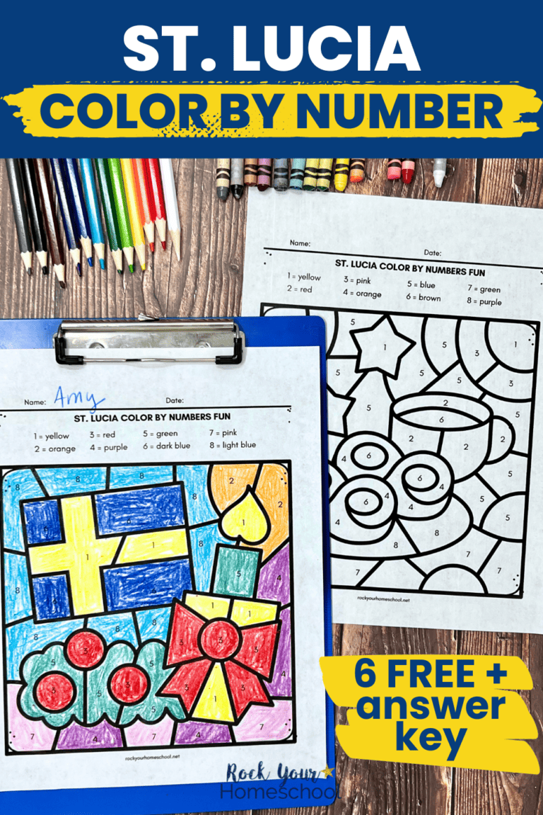 Examples of free printable St. Lucia color by number printable pages with crayons and color pencils.