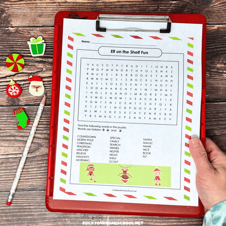Woman holding red clipboard with free printable elf on the shelf word search activity.