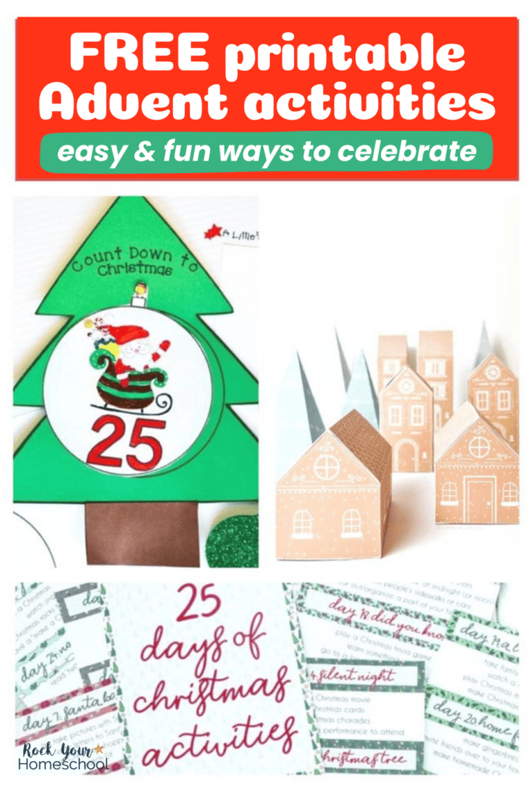 3 examples of free printable Advent calendar activities including Christmas tree, paper houses, and activity ideas.
