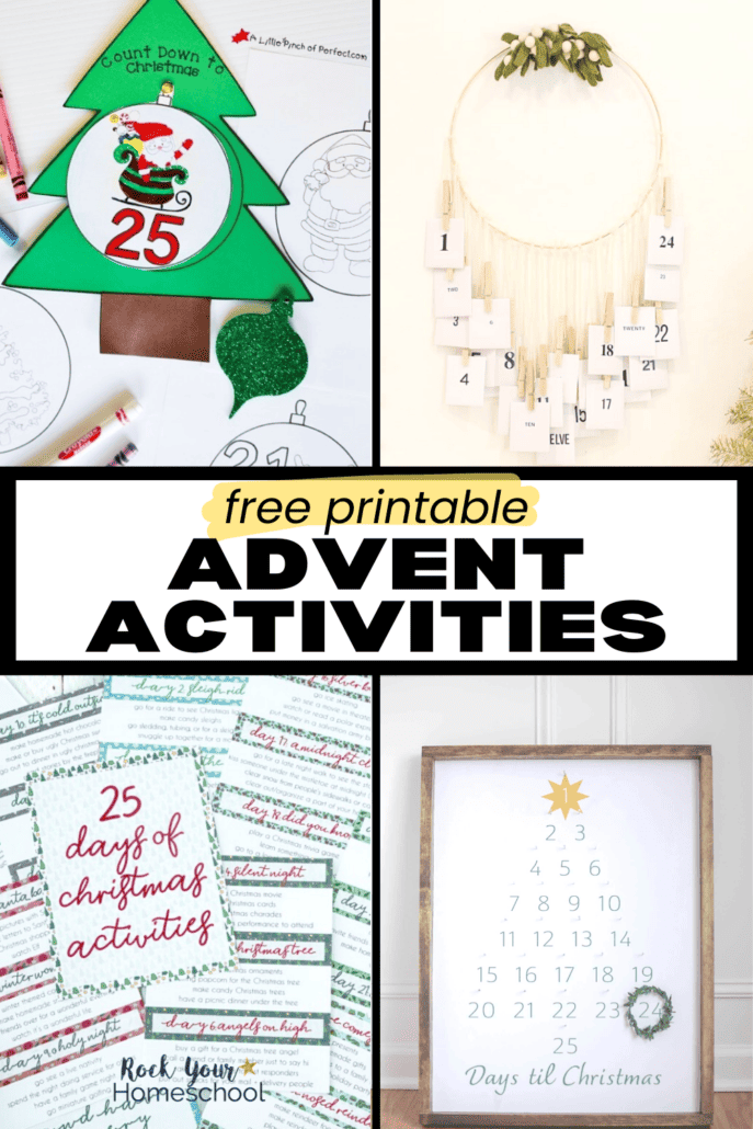 4 examples of free printable Advent calendar activities including Christmas tree countdown, kindness activities, activity prompts, and simple tracker.