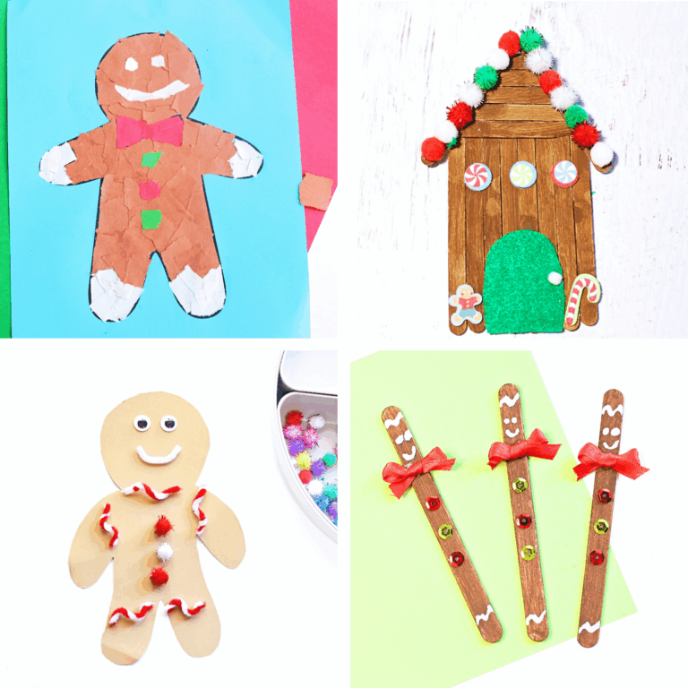 Four examples of gingerbread crafts for kids including torn paper gingerbread man craft, popsicle stick gingerbread house, design a gingerbread man activity, and popsicle stick gingerbread men.