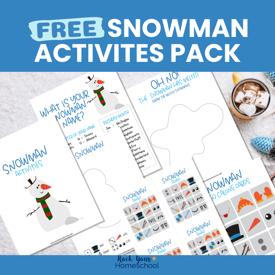 Free snowman activities pack with word search, bingo, drawing prompt, roll a snowman, and What's Your Snowman Name? for winter fun.