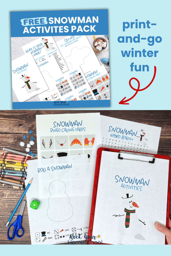 Woman holding clipboard with snowman activities cover and printable examples in background with crayons, pencil,  scissors, and green die.