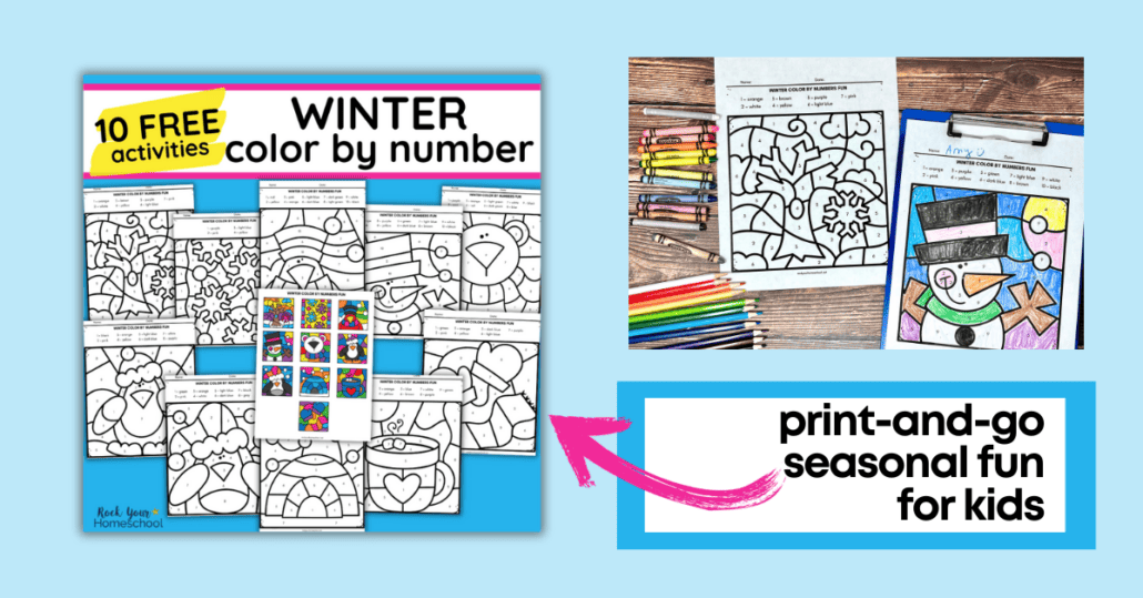 10 examples of free printable winter color by number activities.