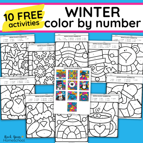 10 free printable winter color by number pages and color answer key.