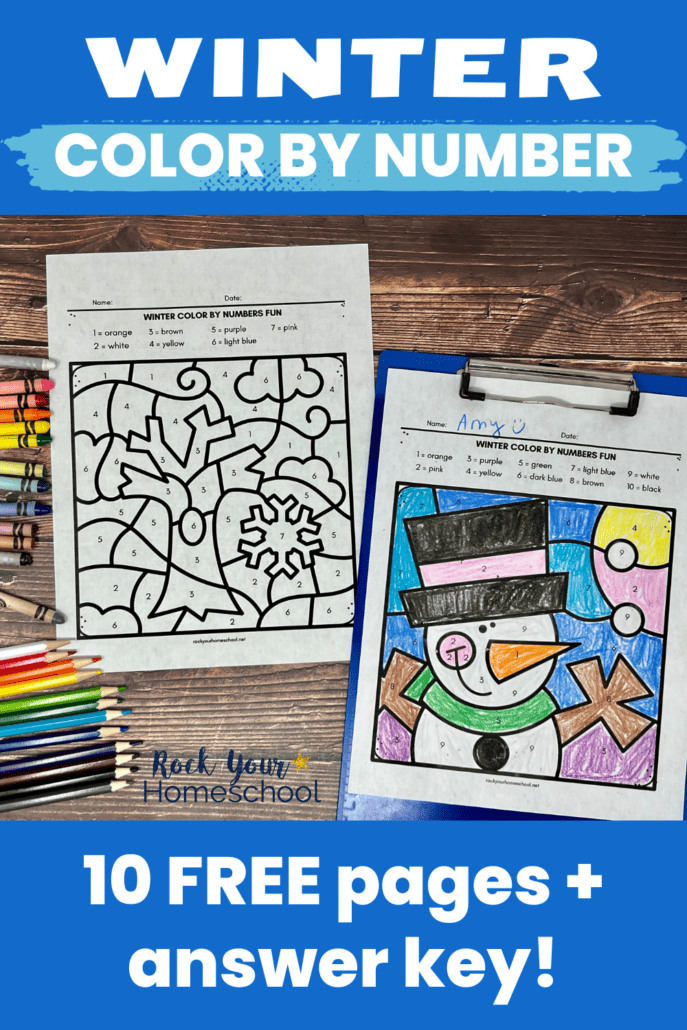 Winter color by number printables with crayons and color pencils.