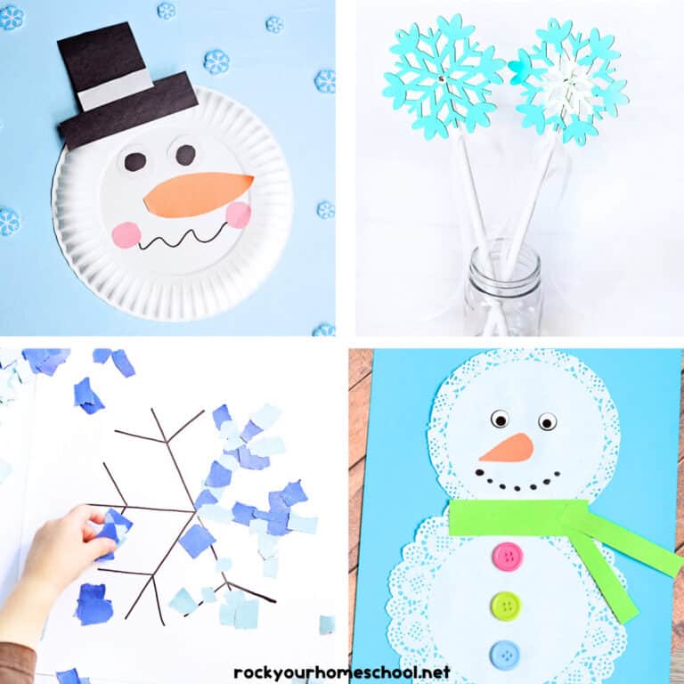 Four examples of winter crafts for kids including snowman paper plate, snowflake wands, torn paper snowflakes, and doily snowman.