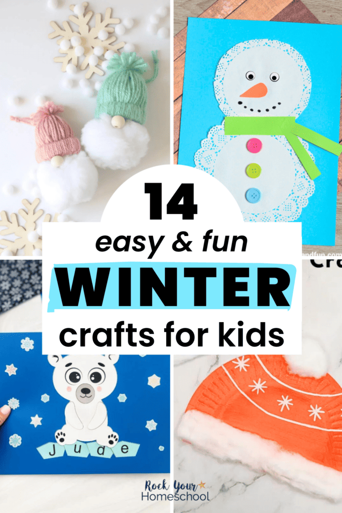 4 winter crafts for kids including toilet paper roll gnomes, paper doily snowman, polar bear name, and paper plate winter hat.