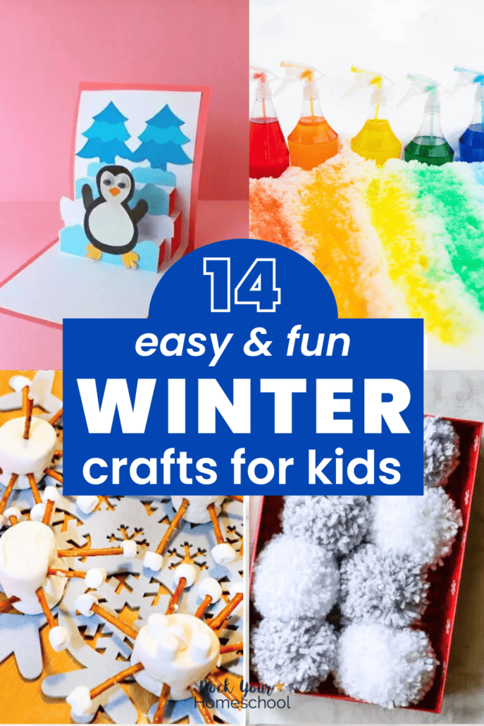 4 winter crafts for kids including penguin pop-up card, rainbow snow paint, marshmallow snowflakes, and yarn pom pom snowballs. 