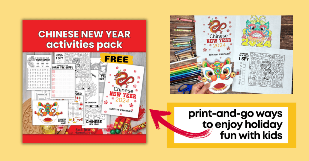 Examples of free printable Chinese New Year activities pack for 2024, the Year of the Dragon.