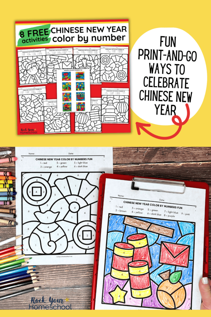 Examples of free printable Chinese New Year color by number activities with woman holding red clipboard showing a completed worksheet.