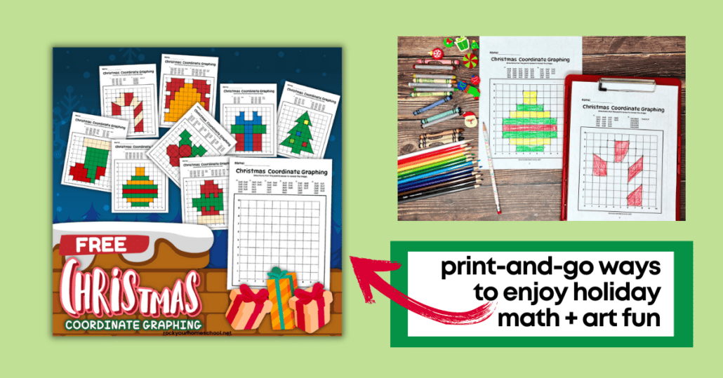 8 free printable Christmas coordinate graphing worksheets featuring candy cane, stocking, ornament, bell, holly sprig, candle, present, and Christmas tree.