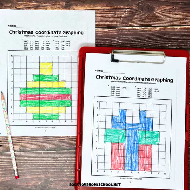 Two examples of free printable Christmas coordinate graphing worksheets featuring ornament and gift.