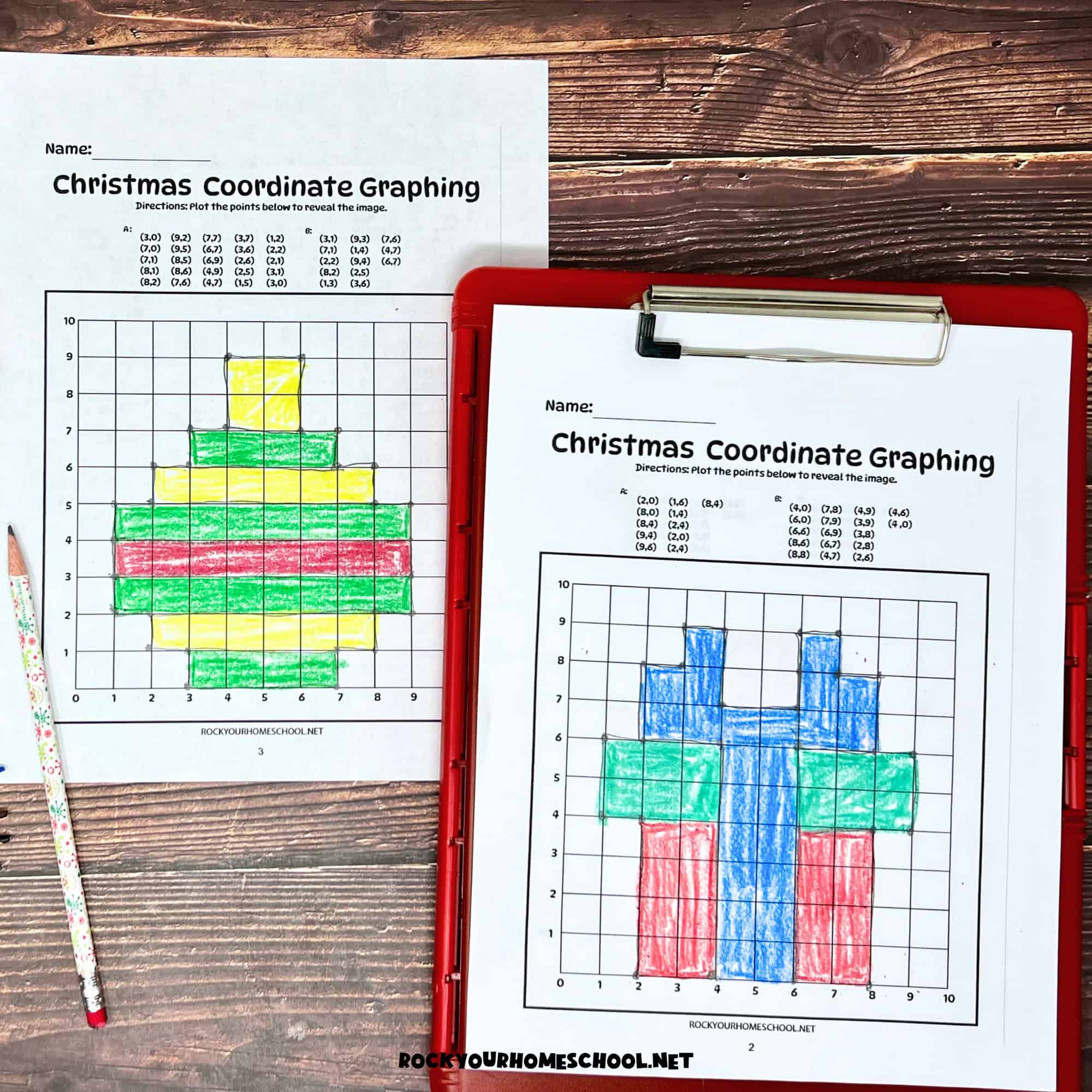 Two examples of free printable Christmas coordinate graphing worksheets featuring ornament and gift.