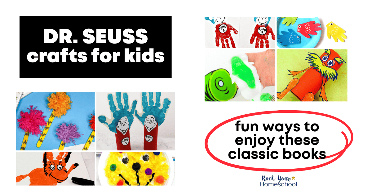 Dr. Seuss crafts for kids featuring truffula trees, Thing 1, Thing 2, Fox in Socks, Green Eggs and Ham, The Lorax, and more.