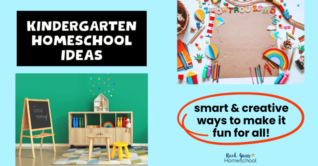 Cute homeschool room set-up with blackboard easel and bookshelves and school supplies to feature these Kindergarten homeschool ideas.