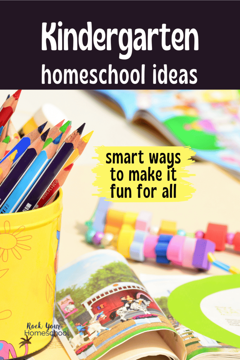 Can of color pencils, bead bracelet, and book to feature these Kindergarten homeschool ideas.