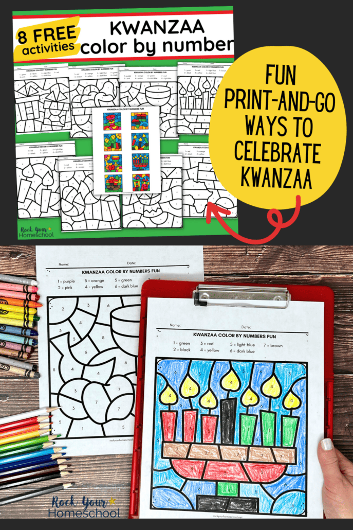 Examples of free Kwanzaa printable activities for color by number fun.