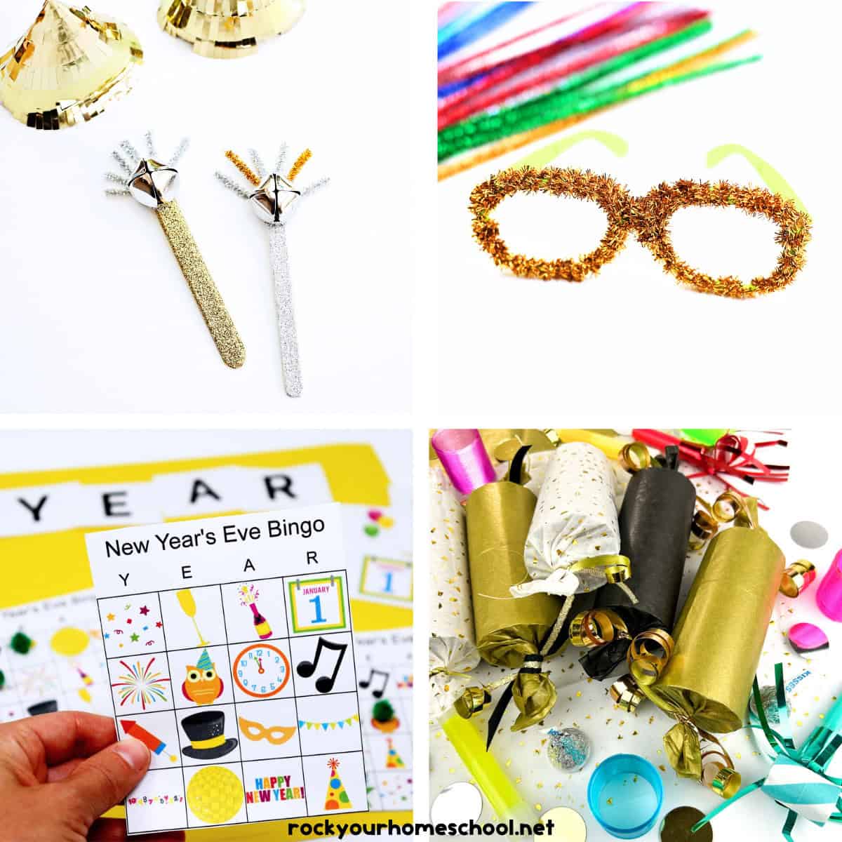 DIY noisemakers, New Year's Eve glasses craft, woman holding New Year's Eve Bingo game card, and New Year's Eve party poppers.