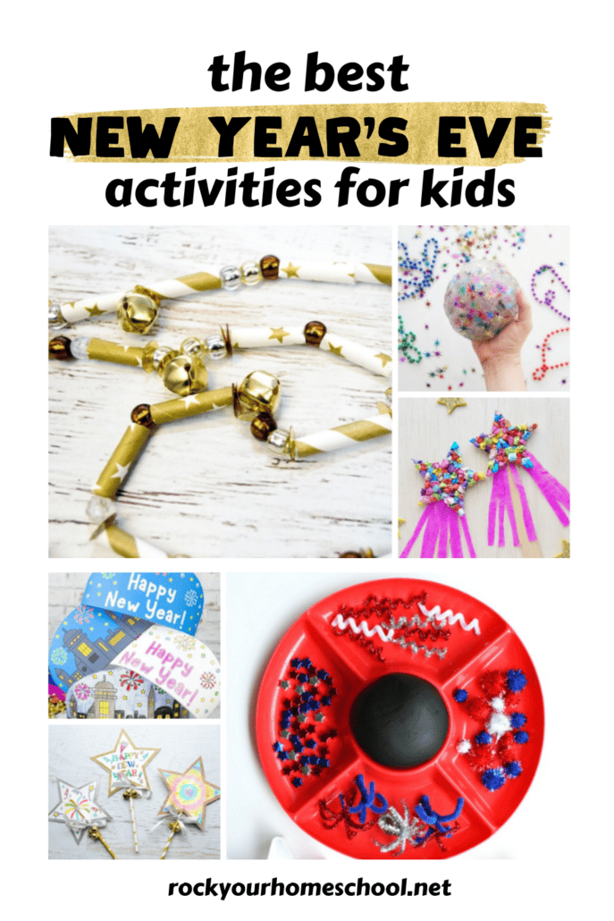 New Years activities for kids featuring a variety of ideas like slime, wands, crowns, sensory tray, and more.