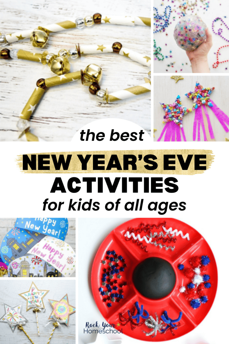 Variety of New Years Eve activities for kids including sensory tray, fairy wands, slime, crowns, and more.