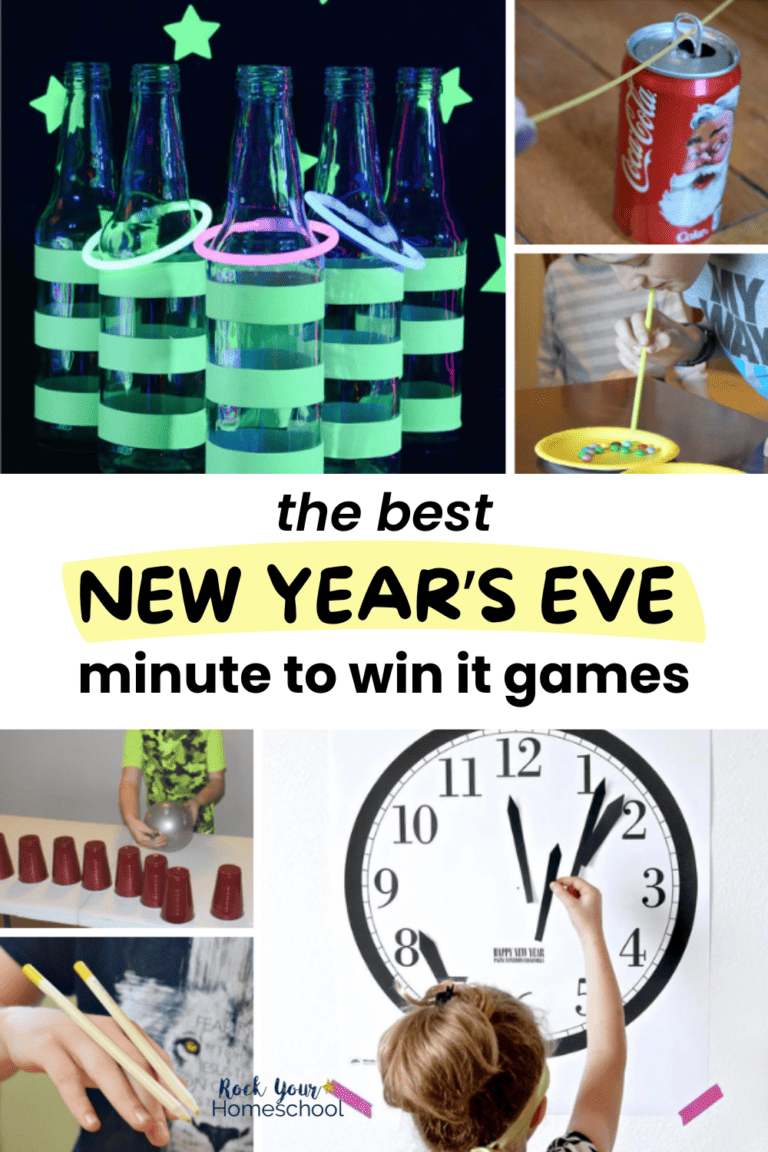 Variety of New Years Eve minute to win it games for fun with kids, like glow in the dark ring toss, countdown clock, and more.