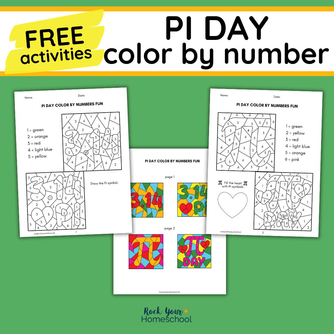 Examples of free printable Pi Day color by number activities.