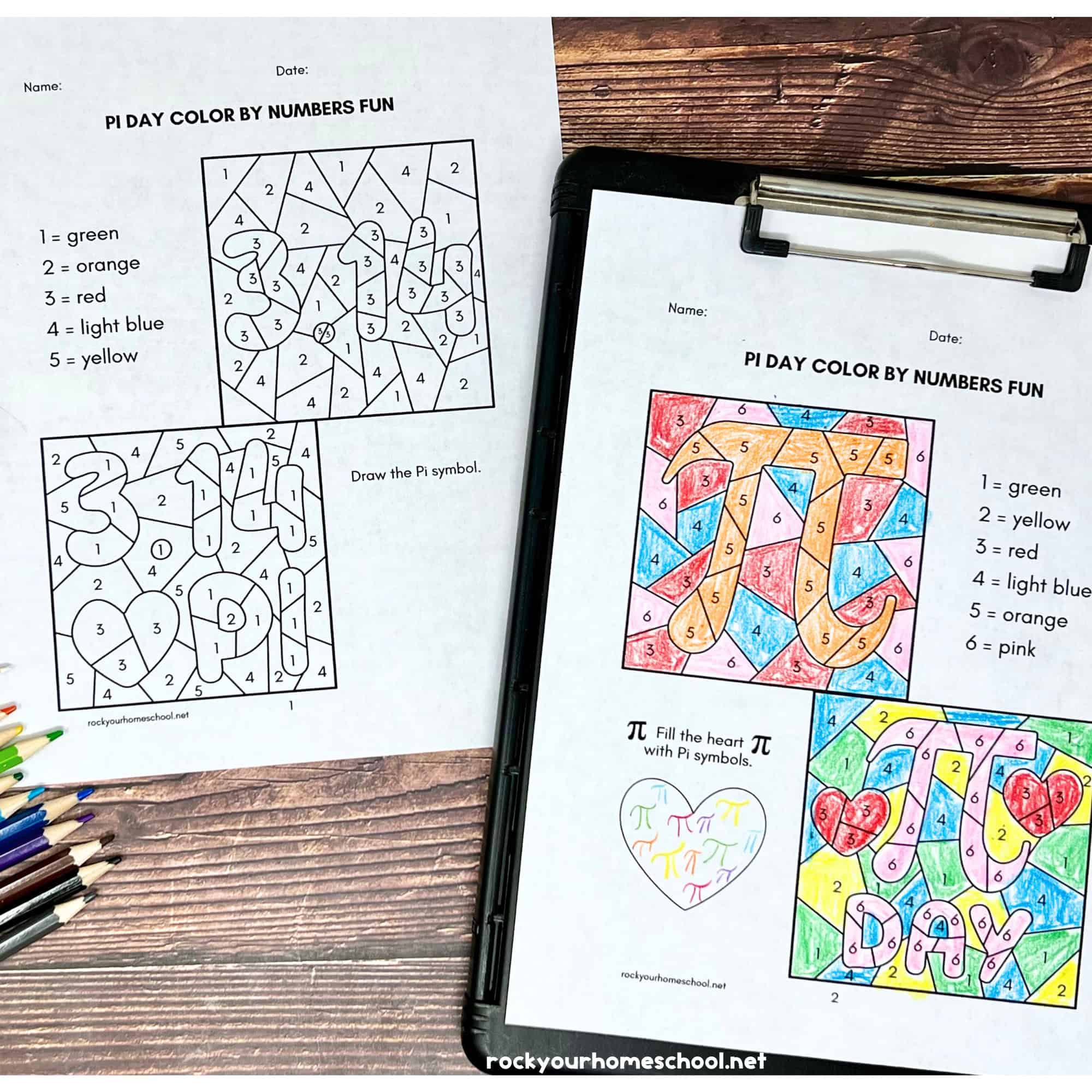Examples of free printable Pi Day color by number activities.