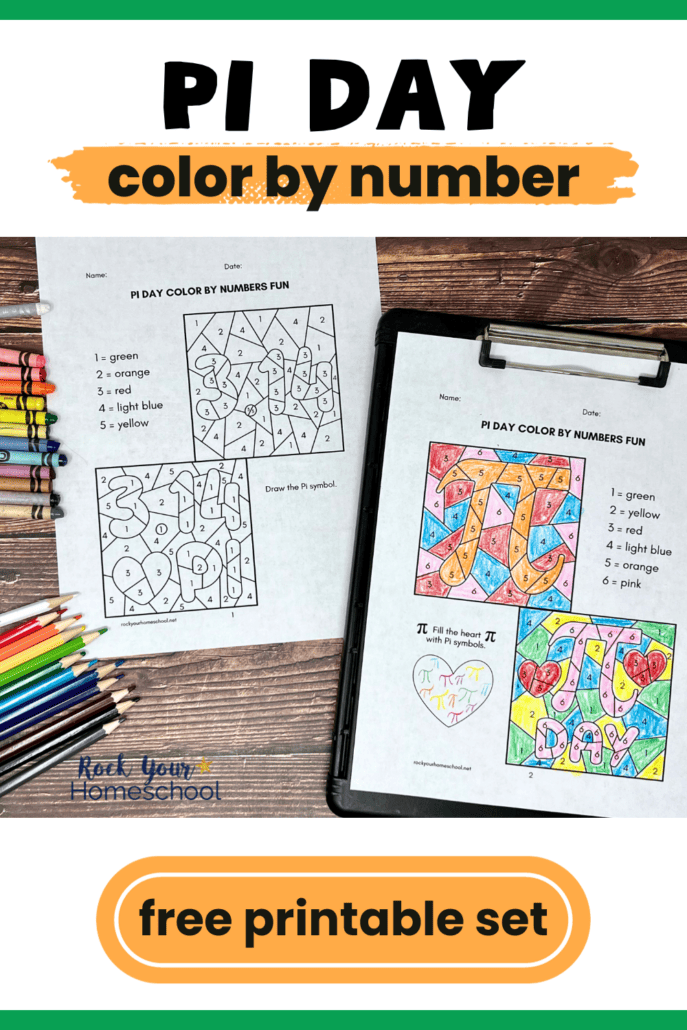 Pi Day color by number worksheets on black clipboard with crayons and color pencils.