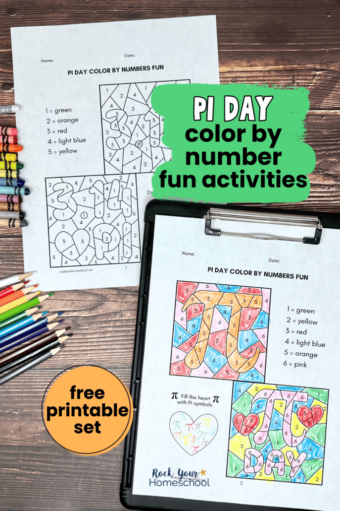 Pi Day color by number worksheets on black clipboard with rainbow of crayons and color pencils.