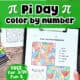 Woman holding black clipboard with free printable Pi Day color by number pages and color pencils.