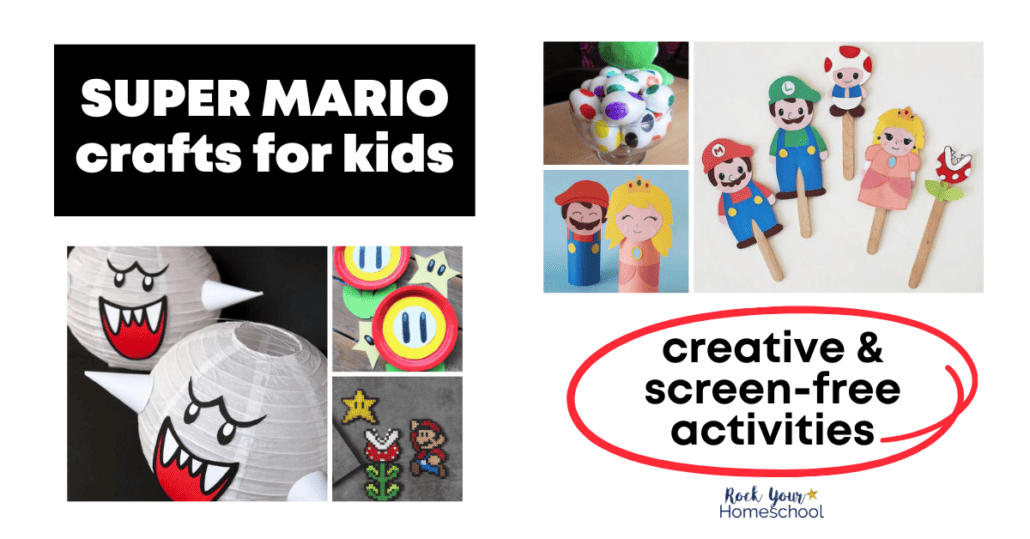 Variety of Super Mario craft ideas including ghost balloons, perler bead crafts, and more.