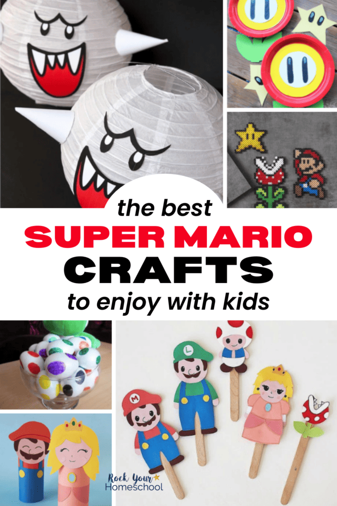 Examples of Super Mario craft ideas featuring Mario, Luigi, Princess Peach, Toad, and more.