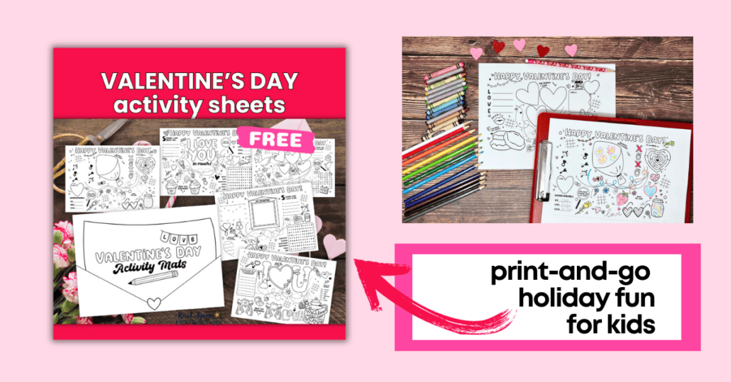 Examples of 6 free printable Valentine's Day activity sheets for kids.
