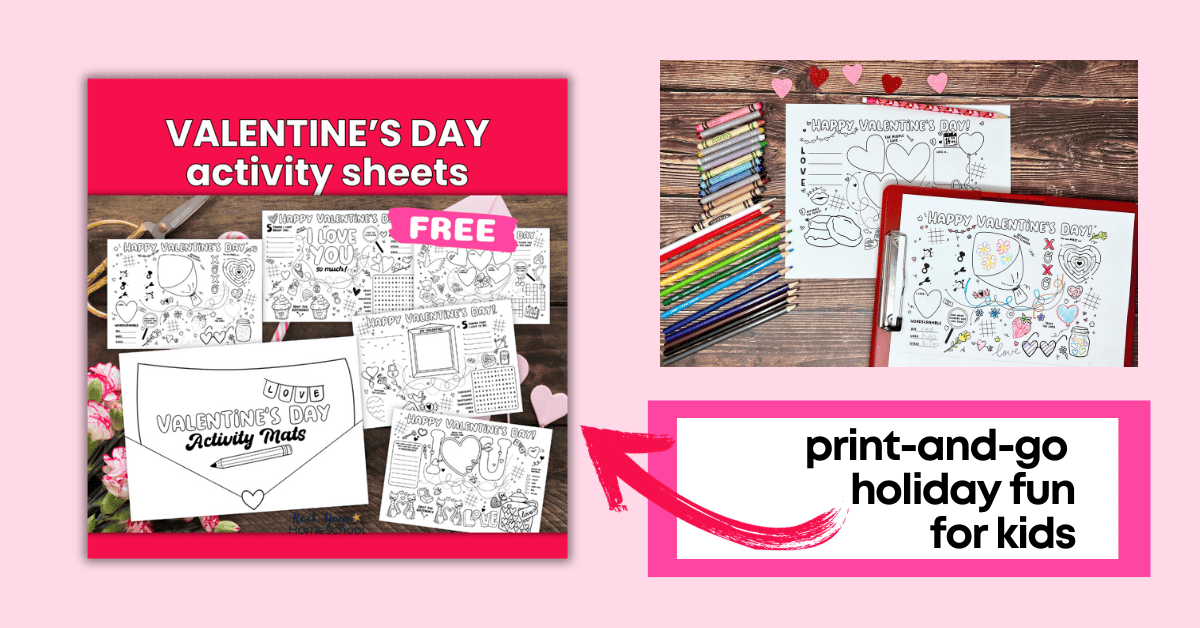 Free Valentine's Day Worksheets on a table surrounded by art materials