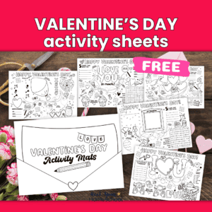 Examples of 6 free printable Valentine's Day activity sheets.