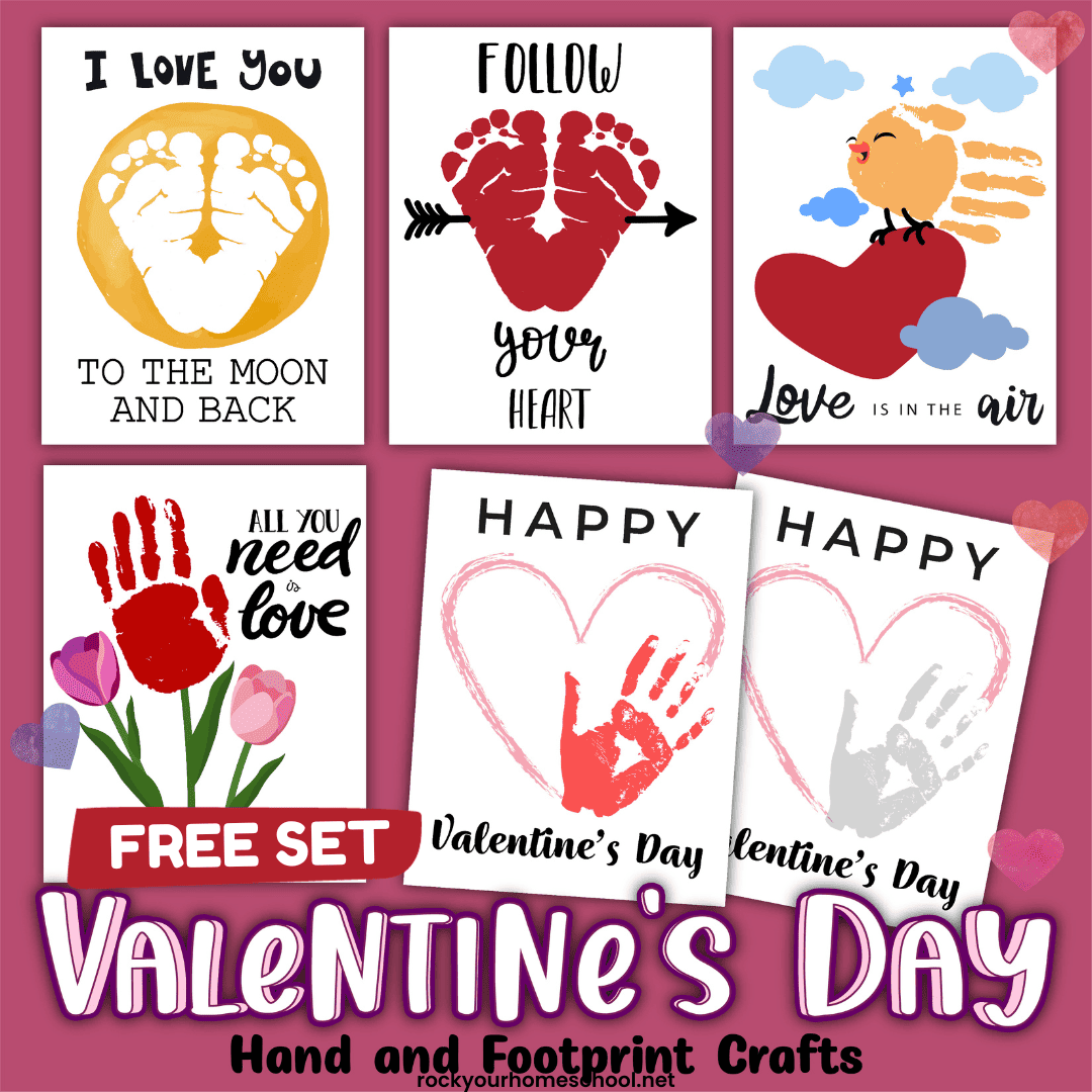 The free pack of Valentine's Day handprint art activities (and footprint) make it easy to enjoy special crafts with your kids.
